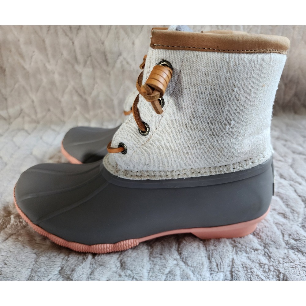 Sperry Saltwater Canvas Duck Boots Grey Pink Women 6 Ankle Rain Boots